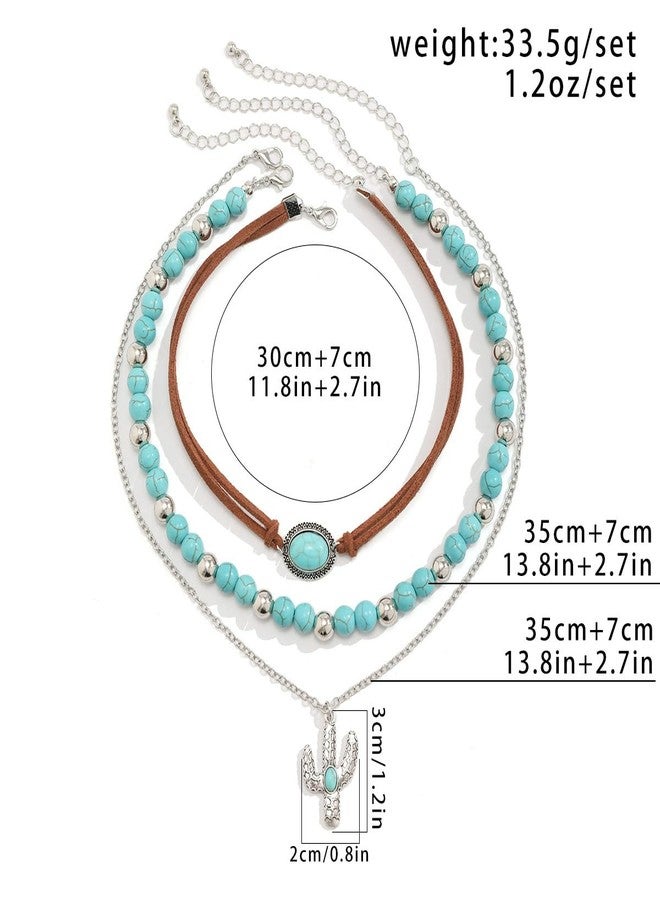 MarveBard Vintage Layered Western Necklace for Women Bohemian Turquoise Beads Western Jewelry Irregular Elliptical Bull Head Cross Boots Cactus Pendant Necklaces Country Concert Outfits Jewelry Accessories (Turquoise Cactus Necklace) - Image 5